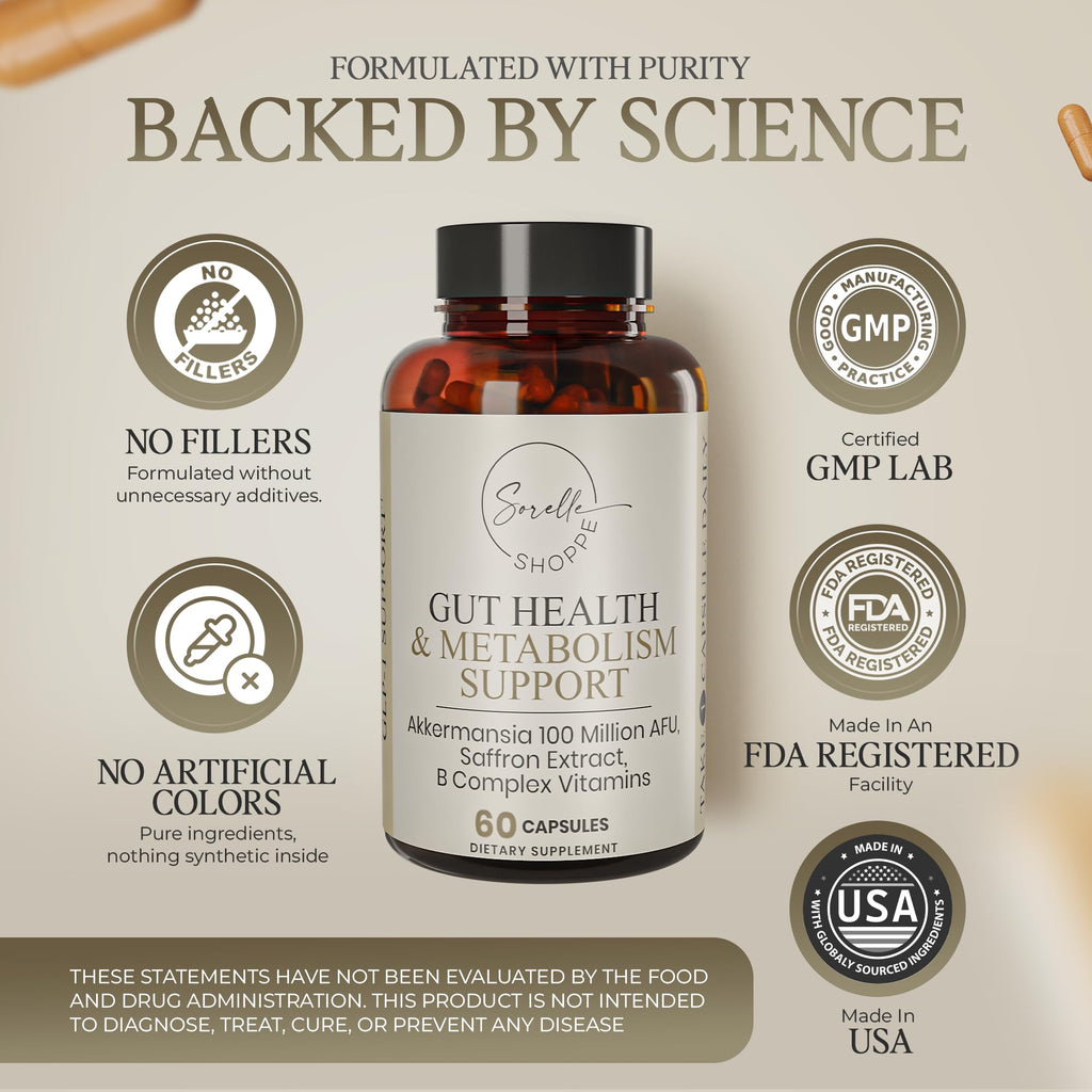 SORELLE SHOPPE Akkermansia Muciniphila Probiotic + Saffron + B Complex | Core Gut Health & Daily Wellness | Mood & Metabolism Support - FENGGESTORE20