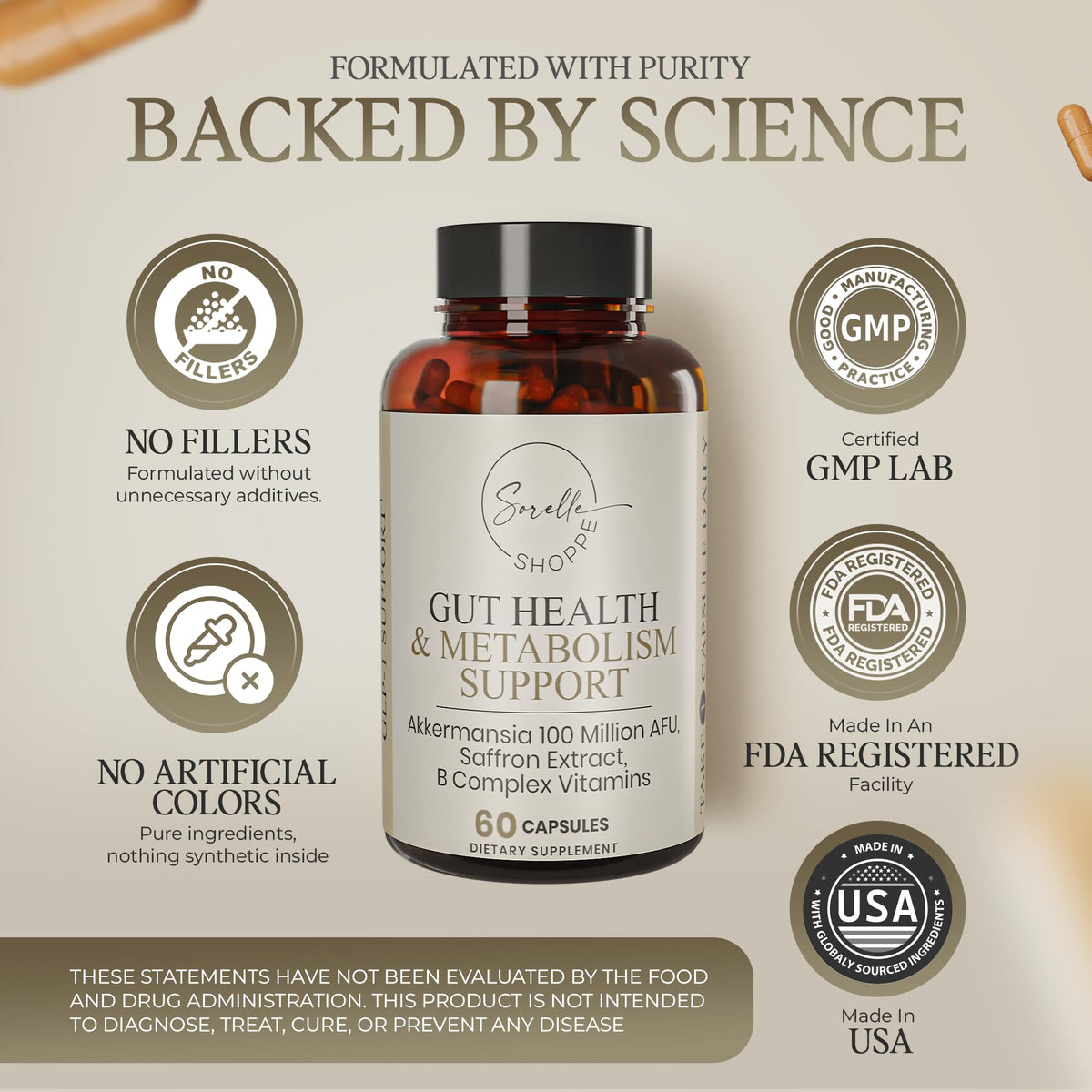 SORELLE SHOPPE Akkermansia Muciniphila Probiotic + Saffron + B Complex | Core Gut Health & Daily Wellness | Mood & Metabolism Support - FENGGESTORE20