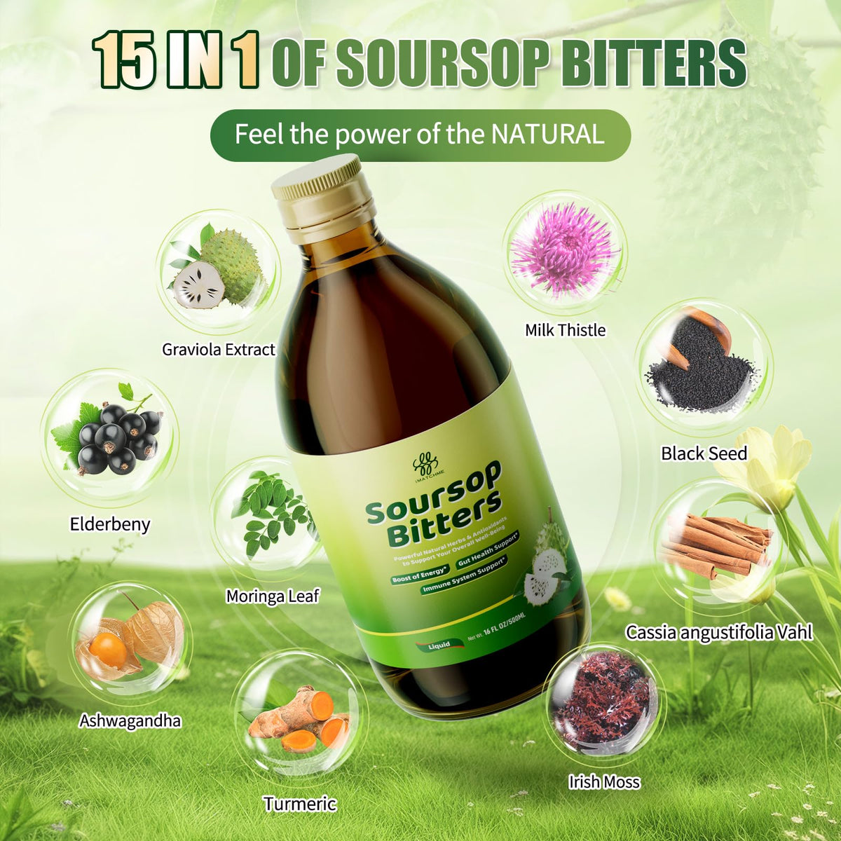 Soursop Bitters Liquid for Digestive Health,Gut Detox&Cleanse,Antioxidant,Immune Support,Skin Health-Pure 15 Herb Guanabana Tea with Black Seed,Moringa & Turmeric - FENGGESTORE20