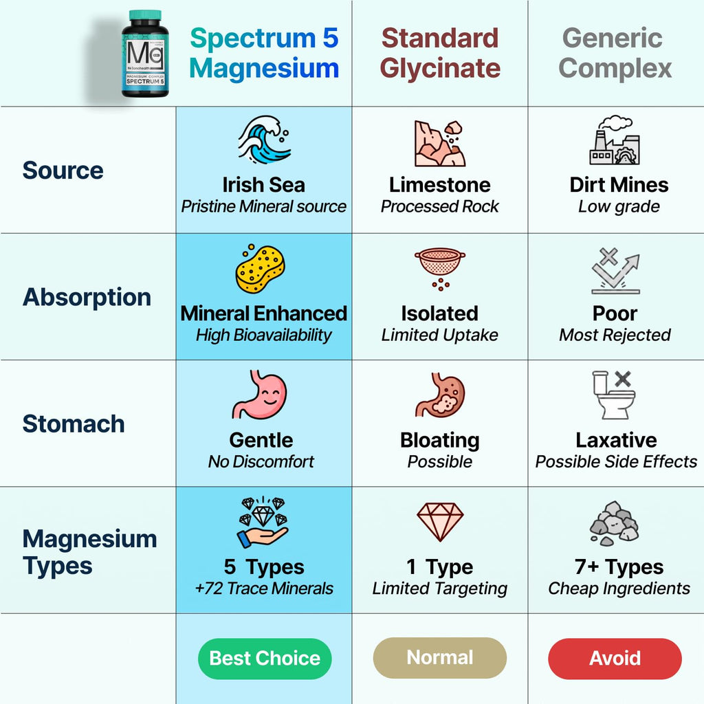 Spectrum 5 Magnesium | 5-in-1 Complex + 72 Trace Minerals for Enhanced Absorption | Irish Sea Sourced | 500mg per Serving | Made in USA, Third Party Tested, GMP Certified - FENGGESTORE20