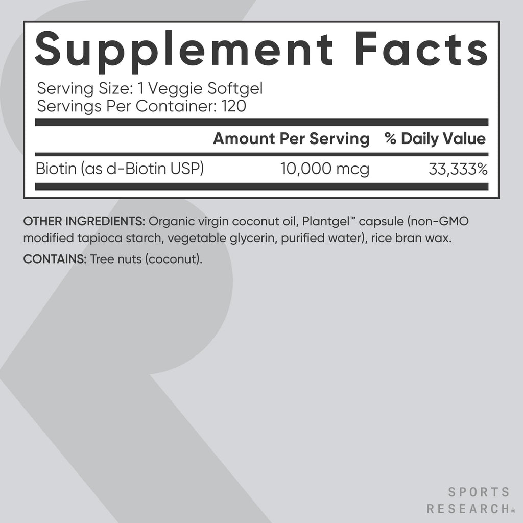 Sports Research® Biotin 10,000mcg with Organic Coconut Oil - Biotin (Vitamin B7) for Healthy Skin and Hair Support* - for Women and Men - Vegan, Non-GMO, Gluten & Soy-Free - 120 Veggie Softgels - FENGGESTORE20