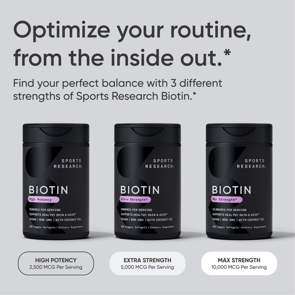 Sports Research® Biotin 10,000mcg with Organic Coconut Oil - Biotin (Vitamin B7) for Healthy Skin and Hair Support* - for Women and Men - Vegan, Non-GMO, Gluten & Soy-Free - 120 Veggie Softgels - FENGGESTORE20
