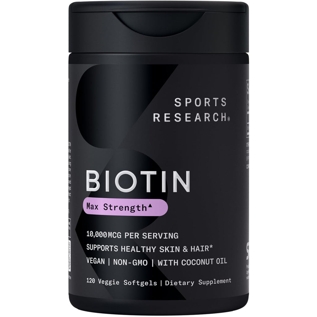 Sports Research® Biotin 10,000mcg with Organic Coconut Oil - Biotin (Vitamin B7) for Healthy Skin and Hair Support* - for Women and Men - Vegan, Non-GMO, Gluten & Soy-Free - 120 Veggie Softgels - FENGGESTORE20