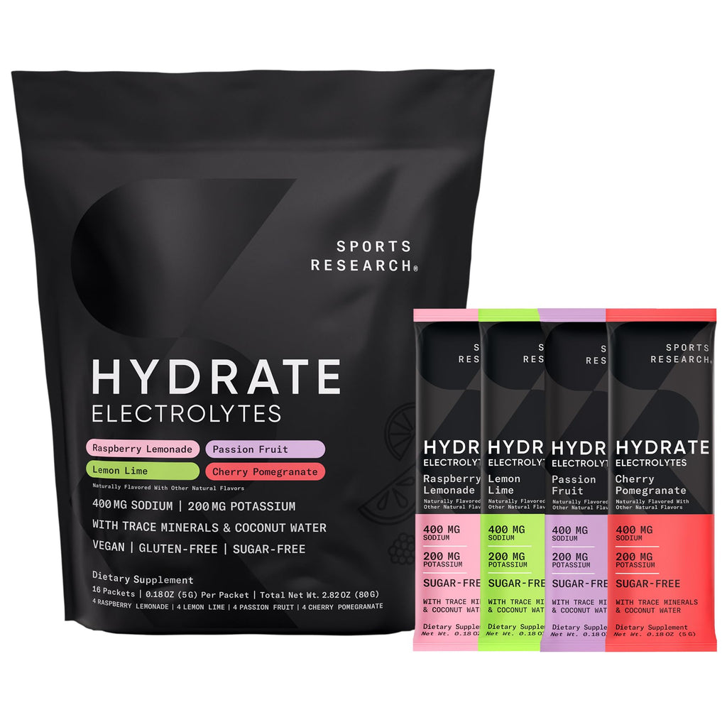 Sports Research® Hydrate Electrolytes Powder Packets - Sugar-Free & Naturally Flavored with Vitamins, Minerals, and Coconut Water - Supports Hydration - 16 Packets - Variety Pack - FENGGESTORE20