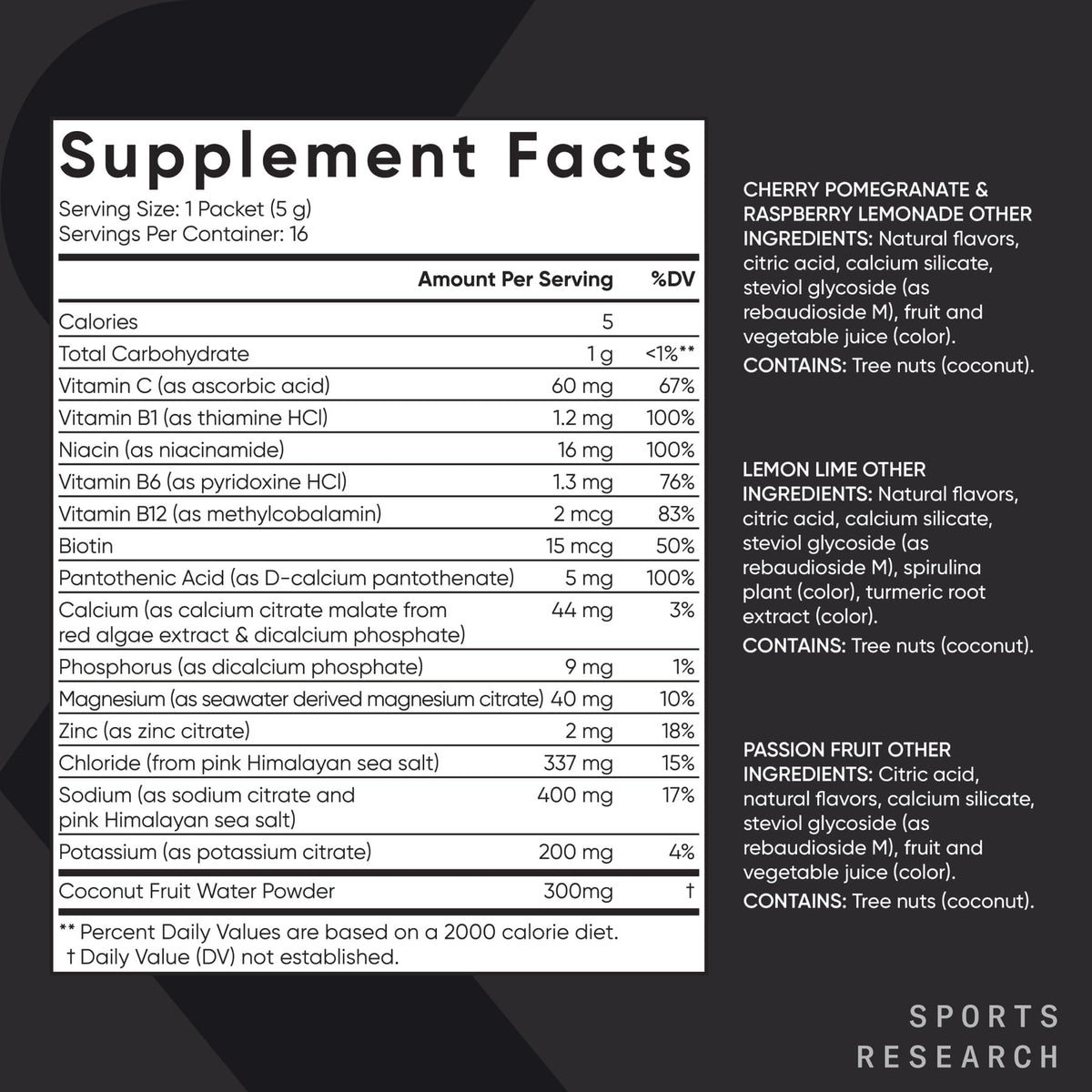 Sports Research® Hydrate Electrolytes Powder Packets - Sugar-Free & Naturally Flavored with Vitamins, Minerals, and Coconut Water - Supports Hydration - 16 Packets - Variety Pack - FENGGESTORE20