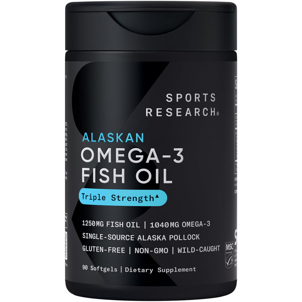 Sports Research® Omega-3 Fish Oil 1250 - Triple Strength Fish Oil Supplement from Wild Alaska Pollock - MSC Certified Sustainable · Non-GMO · Soy Free - 90 Softgel Capsules - FENGGESTORE20