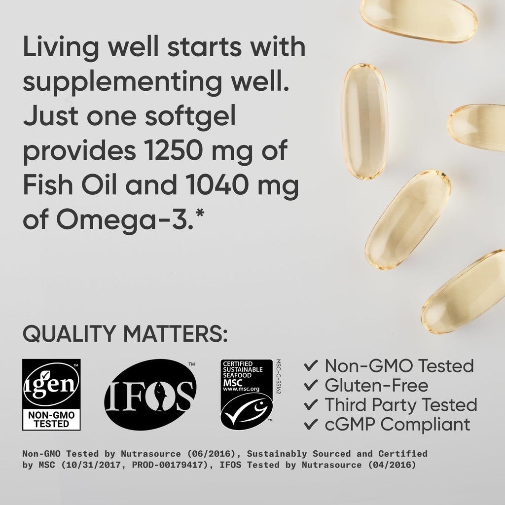 Sports Research® Omega-3 Fish Oil 1250 - Triple Strength Fish Oil Supplement from Wild Alaska Pollock - MSC Certified Sustainable · Non-GMO · Soy Free - 90 Softgel Capsules - FENGGESTORE20