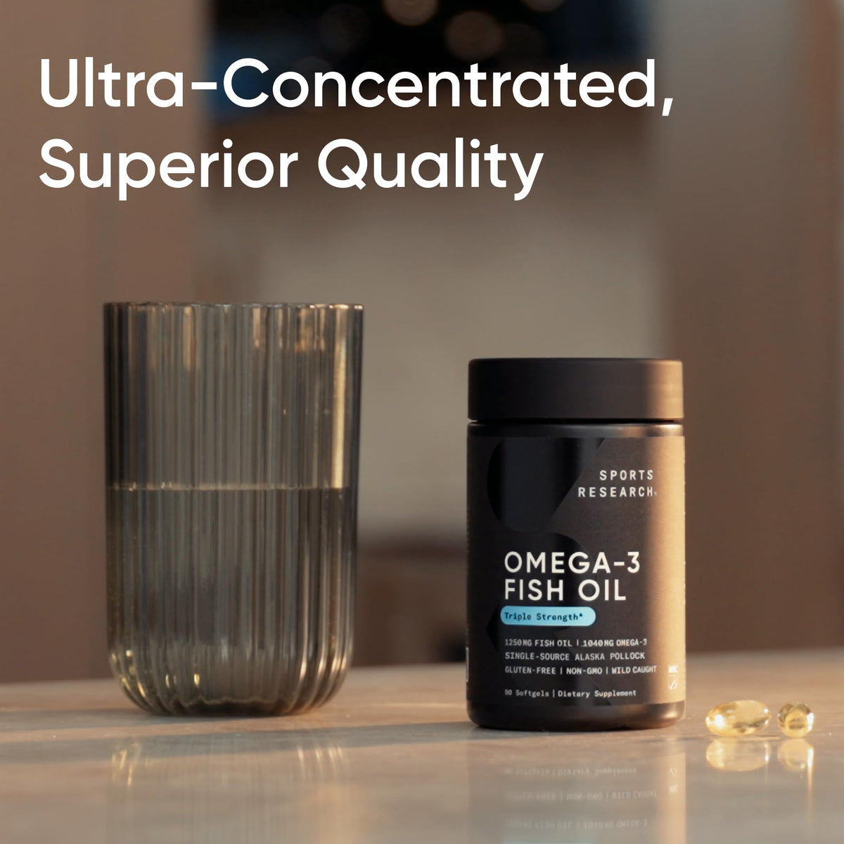 Sports Research® Omega-3 Fish Oil 1250 - Triple Strength Fish Oil Supplement from Wild Alaska Pollock - MSC Certified Sustainable · Non-GMO · Soy Free - 90 Softgel Capsules - FENGGESTORE20