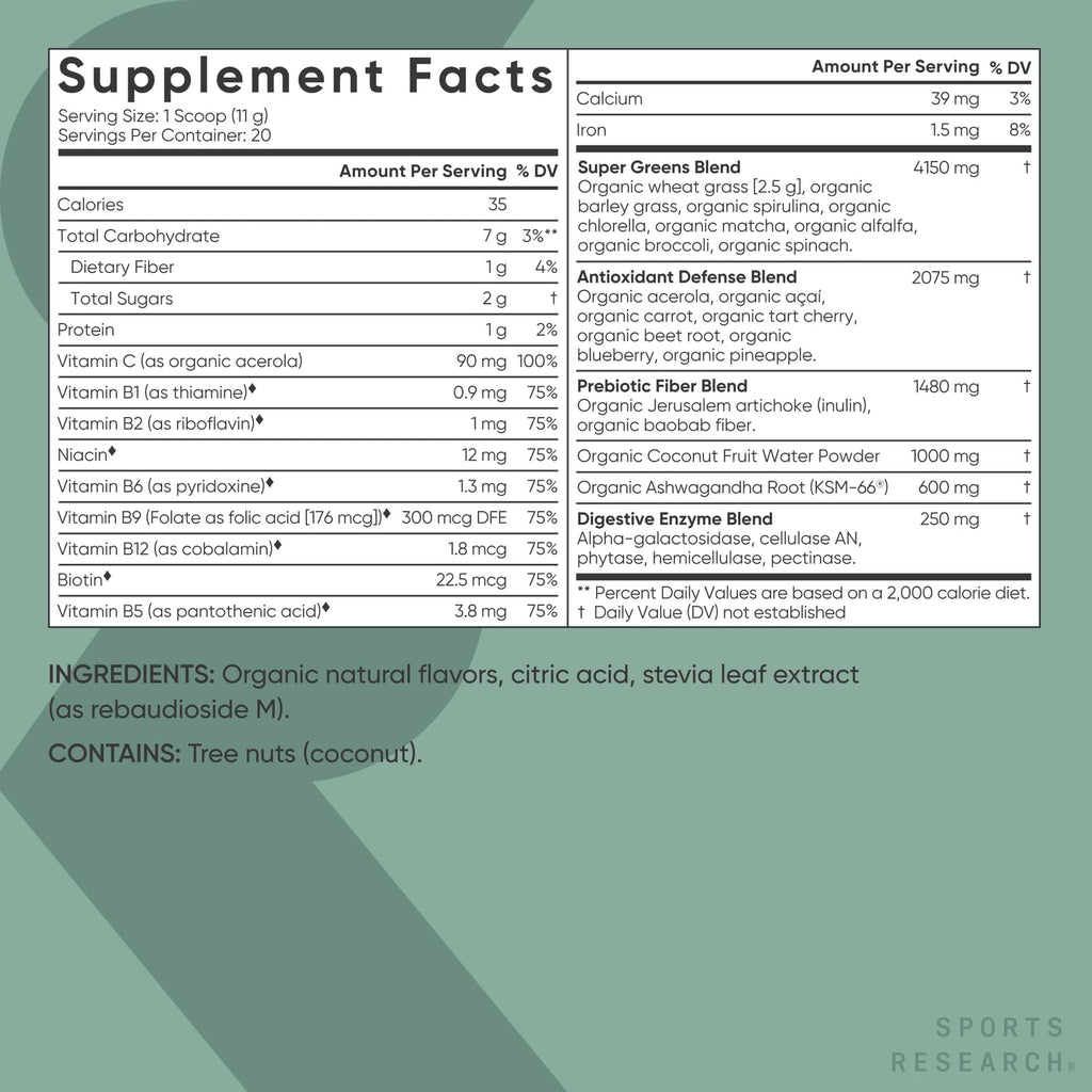 Sports Research® Organic Pineapple Coconut Greens - Digestive Health, Natural Energy & Mood Support* - Certified Organic Powder - 20 Servings - FENGGESTORE20