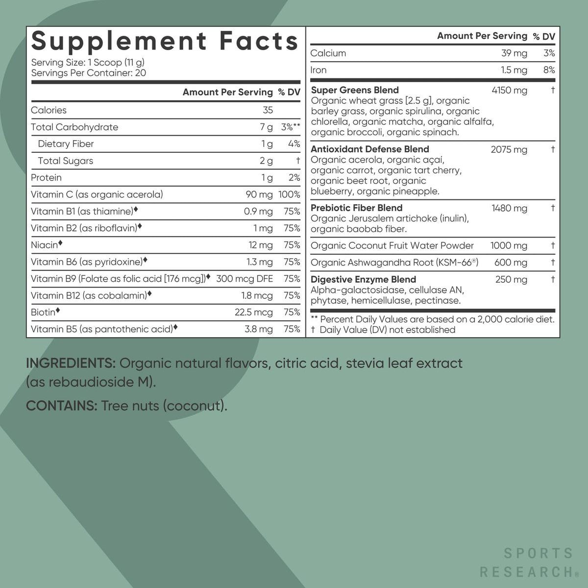 Sports Research® Organic Pineapple Coconut Greens - Digestive Health, Natural Energy & Mood Support* - Certified Organic Powder - 20 Servings - FENGGESTORE20