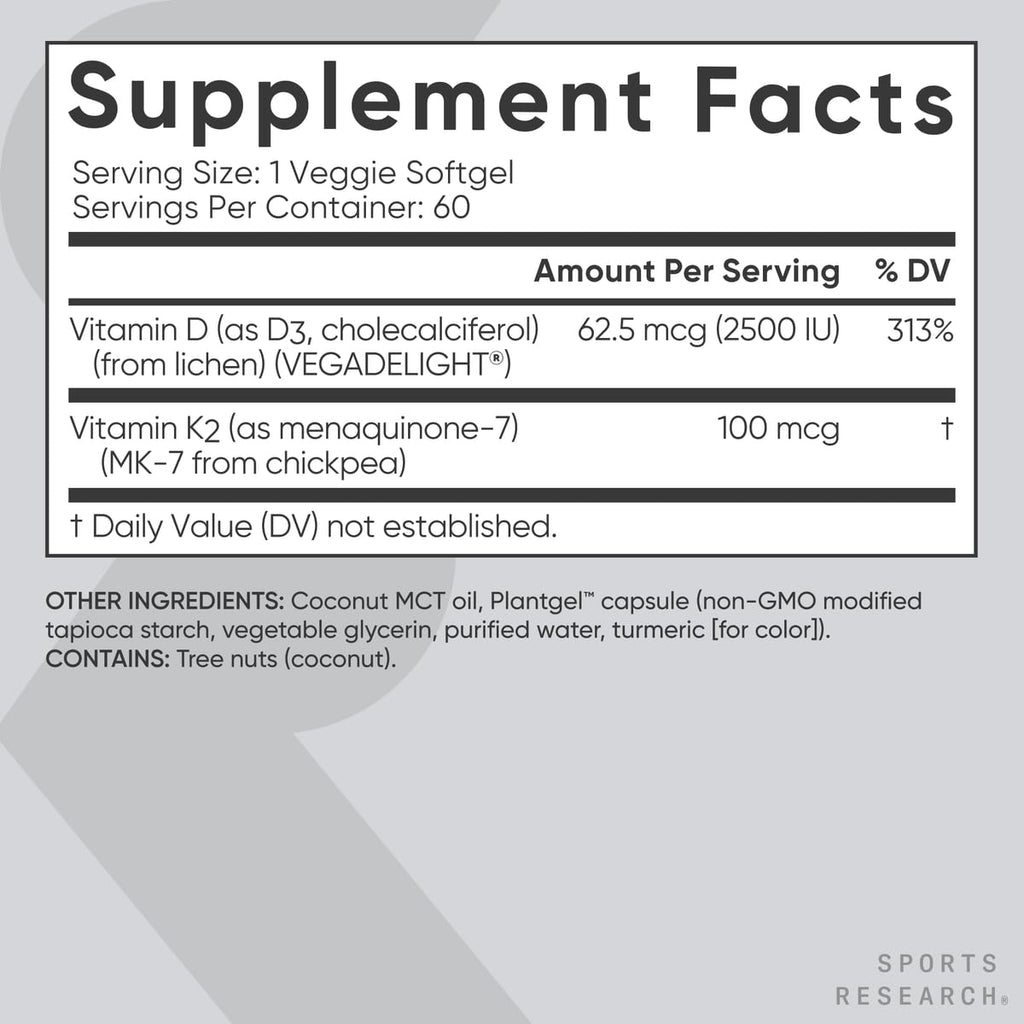 Sports Research® Vitamin D3 + K2 w/Coconut Oil - Vegan Vitamin D 2500iu (62.5mcg) & Mk7 Vitamin K 100mcg for Bone & Immune Support - Vegan Certified · Non-GMO · Soy Free - 60 Softgels - FENGGESTORE20