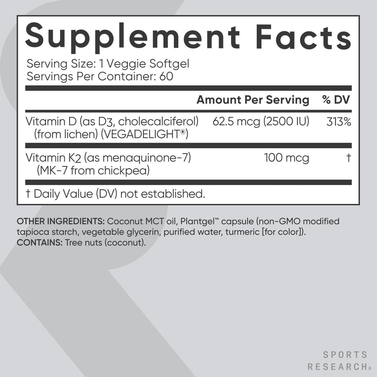 Sports Research® Vitamin D3 + K2 w/Coconut Oil - Vegan Vitamin D 2500iu (62.5mcg) & Mk7 Vitamin K 100mcg for Bone & Immune Support - Vegan Certified · Non-GMO · Soy Free - 60 Softgels - FENGGESTORE20
