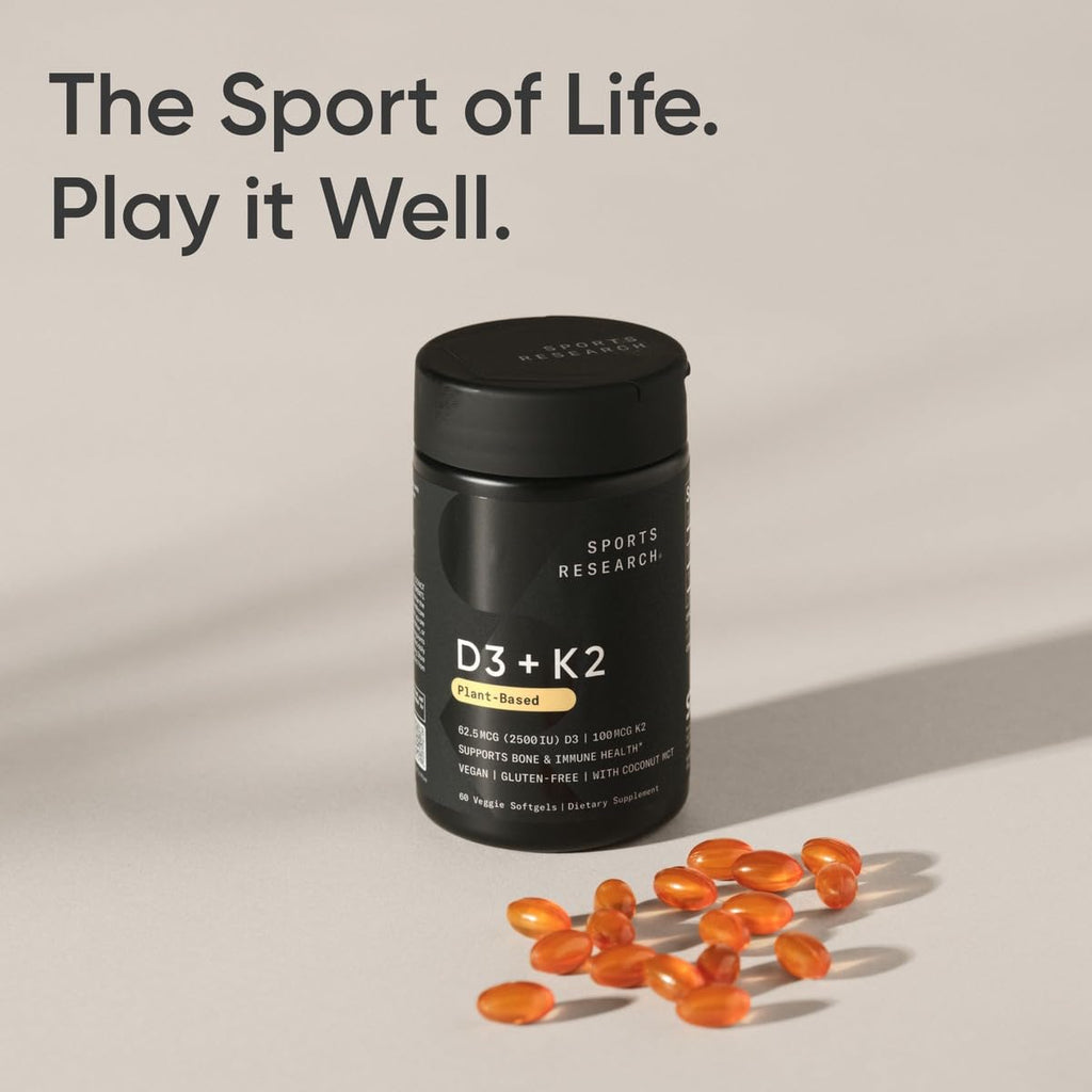 Sports Research® Vitamin D3 + K2 w/Coconut Oil - Vegan Vitamin D 2500iu (62.5mcg) & Mk7 Vitamin K 100mcg for Bone & Immune Support - Vegan Certified · Non-GMO · Soy Free - 60 Softgels - FENGGESTORE20