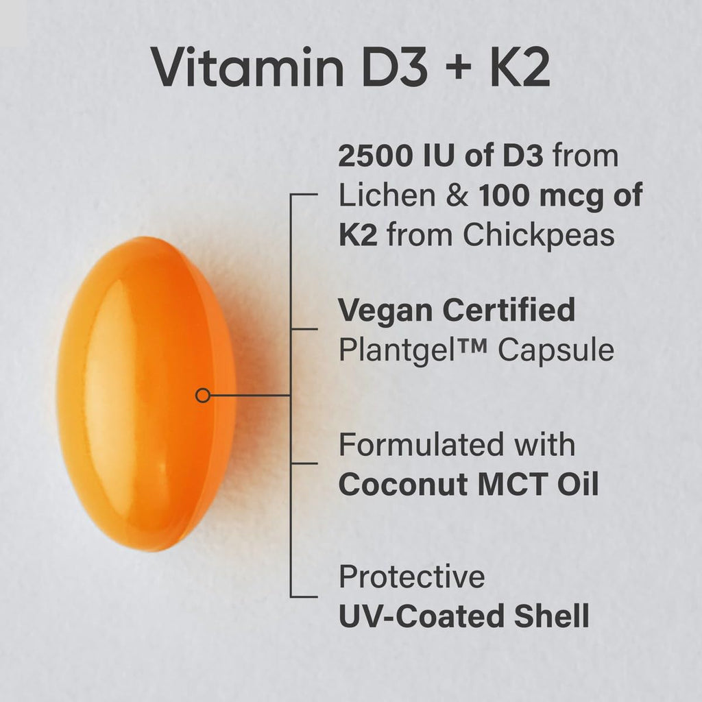 Sports Research® Vitamin D3 + K2 w/Coconut Oil - Vegan Vitamin D 2500iu (62.5mcg) & Mk7 Vitamin K 100mcg for Bone & Immune Support - Vegan Certified · Non-GMO · Soy Free - 60 Softgels - FENGGESTORE20