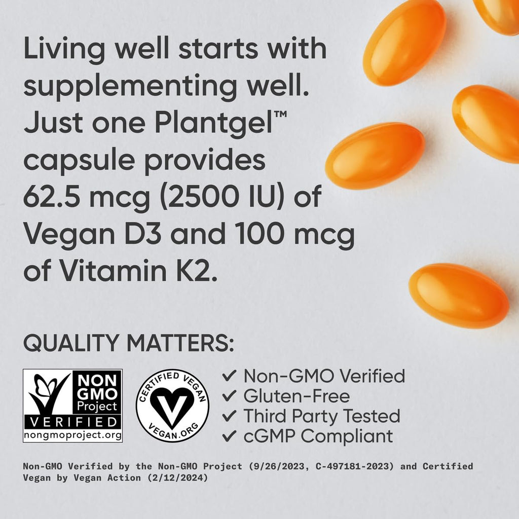Sports Research® Vitamin D3 + K2 w/Coconut Oil - Vegan Vitamin D 2500iu (62.5mcg) & Mk7 Vitamin K 100mcg for Bone & Immune Support - Vegan Certified · Non-GMO · Soy Free - 60 Softgels - FENGGESTORE20