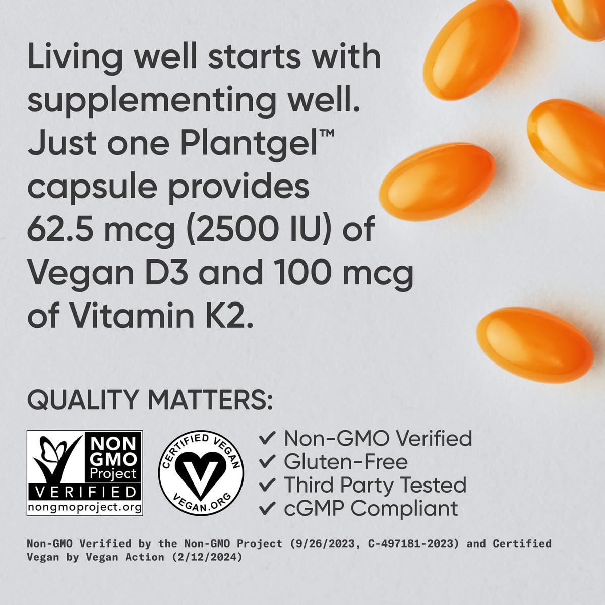Sports Research® Vitamin D3 + K2 w/Coconut Oil - Vegan Vitamin D 2500iu (62.5mcg) & Mk7 Vitamin K 100mcg for Bone & Immune Support - Vegan Certified · Non-GMO · Soy Free - 60 Softgels - FENGGESTORE20