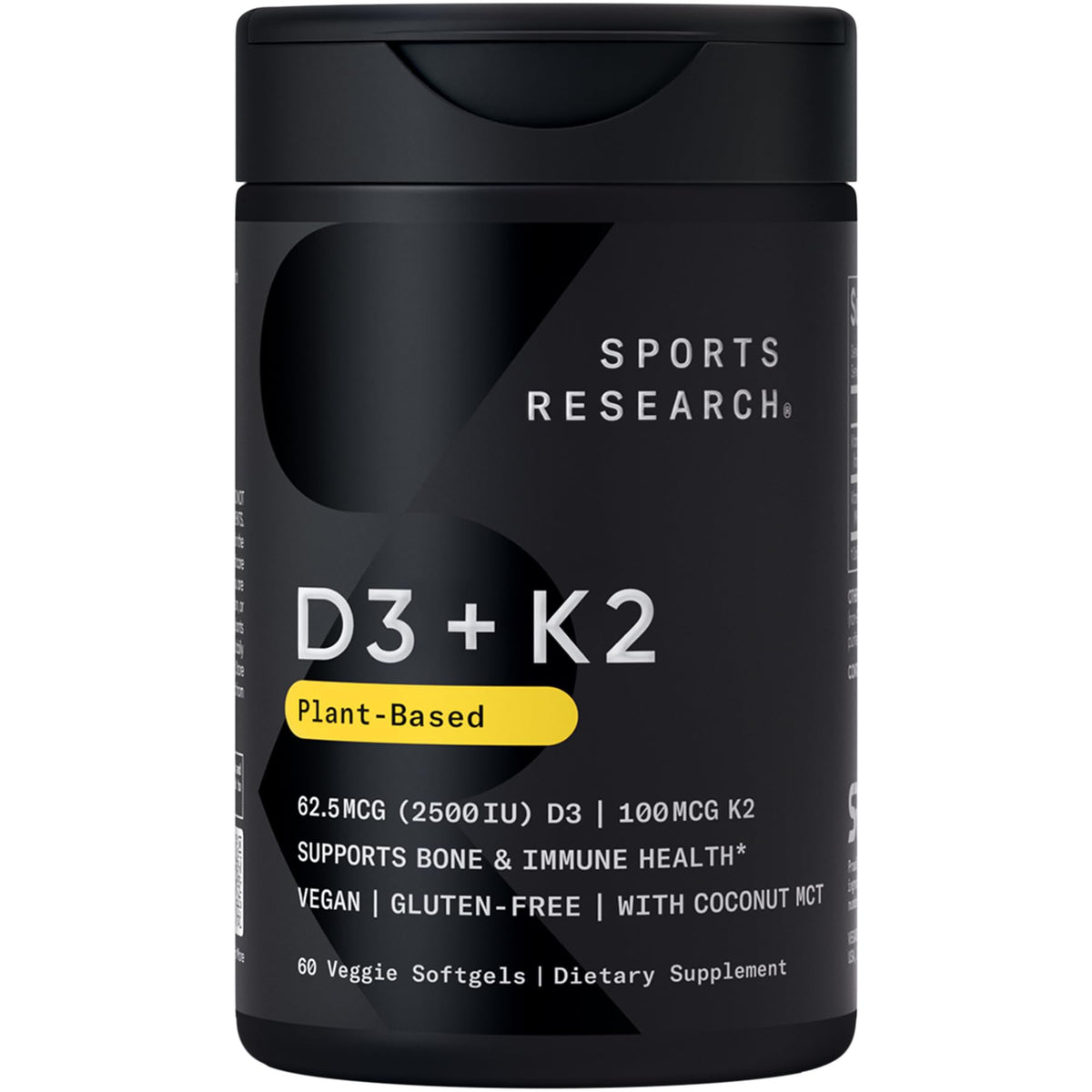 Sports Research® Vitamin D3 + K2 w/Coconut Oil - Vegan Vitamin D 2500iu (62.5mcg) & Mk7 Vitamin K 100mcg for Bone & Immune Support - Vegan Certified · Non-GMO · Soy Free - 60 Softgels - FENGGESTORE20