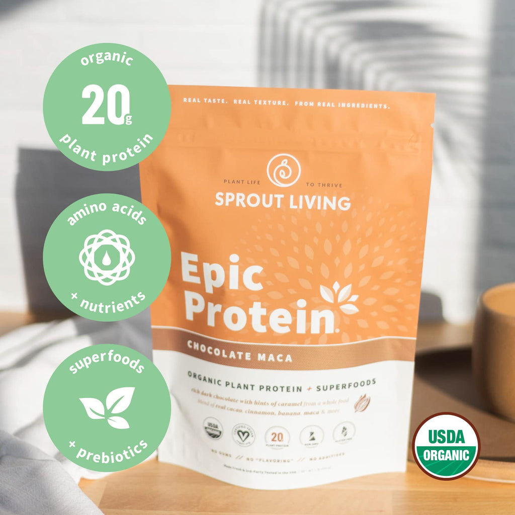 Sprout Living Epic Protein, Plant Based Protein & Superfoods Powder, Chocolate Maca Powder | 20 Grams Organic Protein Powder, Vegan, Non Dairy, Non-GMO, Gluten Free - FENGGESTORE20