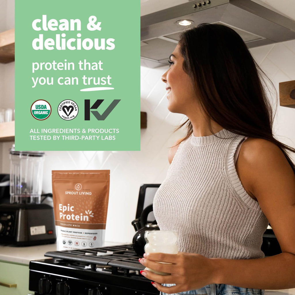 Sprout Living Epic Protein, Plant Based Protein & Superfoods Powder, Chocolate Maca Powder | 20 Grams Organic Protein Powder, Vegan, Non Dairy, Non-GMO, Gluten Free - FENGGESTORE20