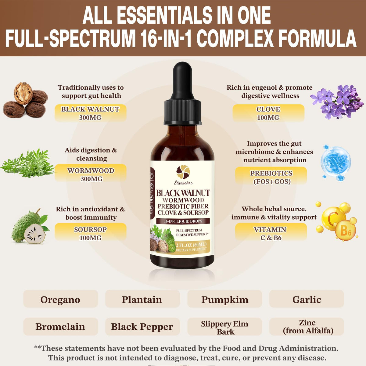 Starisetme Wormwood Black Walnut Cleanse for Humans Tincture – Max Strength Gut Health Prebiotics w/Clove, Soursop,Pumpkin Seed, Plus Vitamins, Minerals for Immune & Mood - FENGGESTORE20