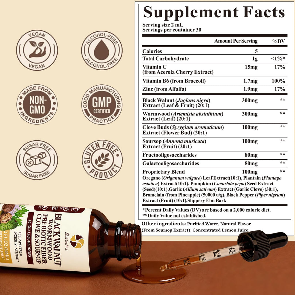 Starisetme Wormwood Black Walnut Cleanse for Humans Tincture – Max Strength Gut Health Prebiotics w/Clove, Soursop,Pumpkin Seed, Plus Vitamins, Minerals for Immune & Mood - FENGGESTORE20
