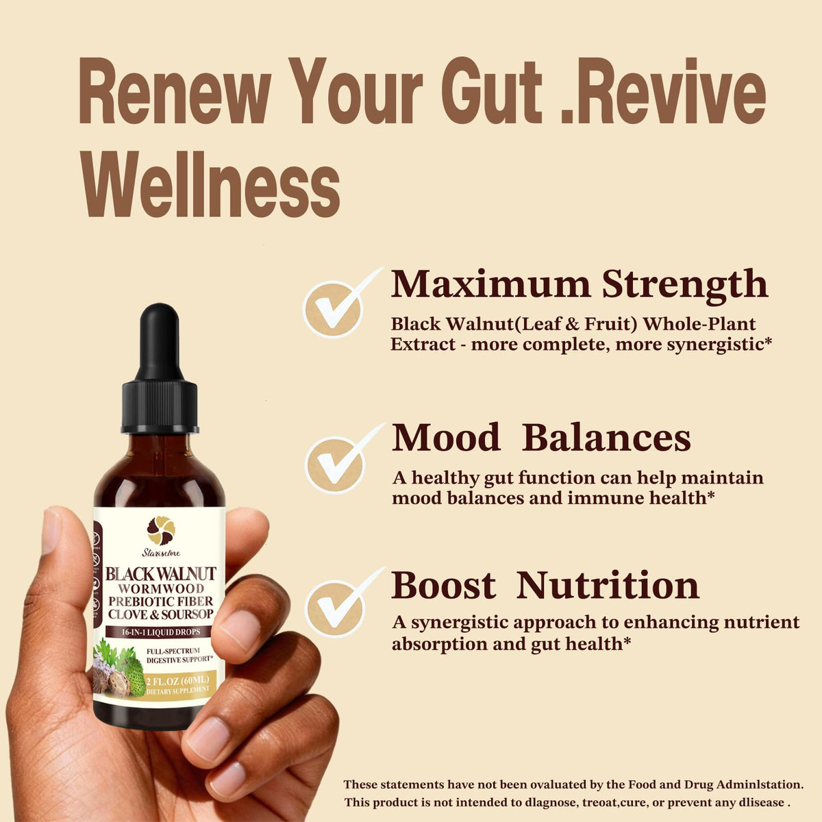 Starisetme Wormwood Black Walnut Cleanse for Humans Tincture – Max Strength Gut Health Prebiotics w/Clove, Soursop,Pumpkin Seed, Plus Vitamins, Minerals for Immune & Mood - FENGGESTORE20