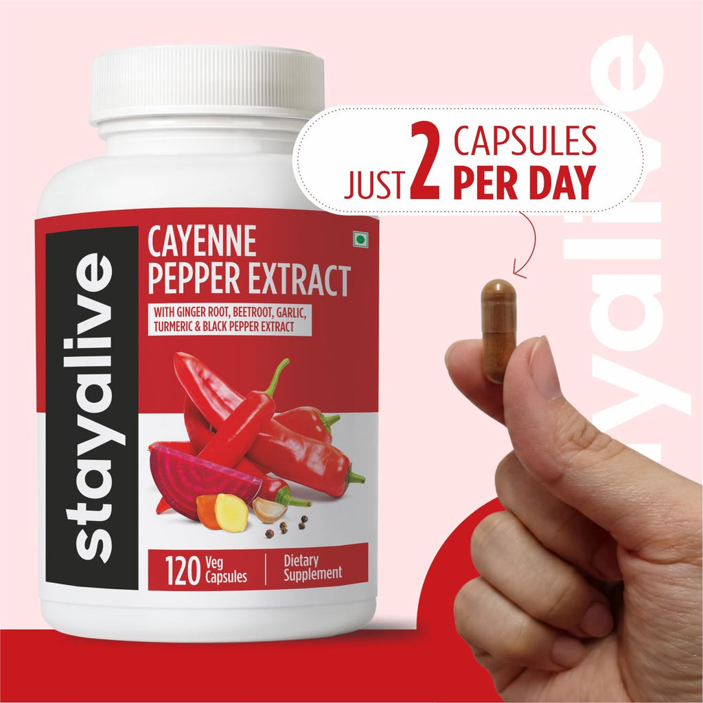 STAY ALIVE Cayenne Pepper Capsules, 6-in-1 Capsicum Blend w/Ginger, Garlic, Turmeric, Beet Root, and Black Pepper Extract, 120 Cayenne Capsules, - FENGGESTORE20