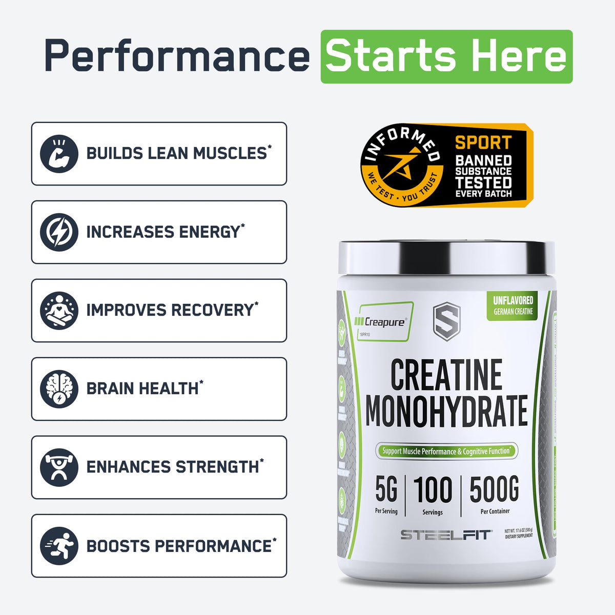 SteelFit Creapure Creatine Monohydrate Powder, Unflavored - German Micronized Creatine Powder for Men & Women - Gym Workout Nutritional Supplements for Muscle Gain - FENGGESTORE20