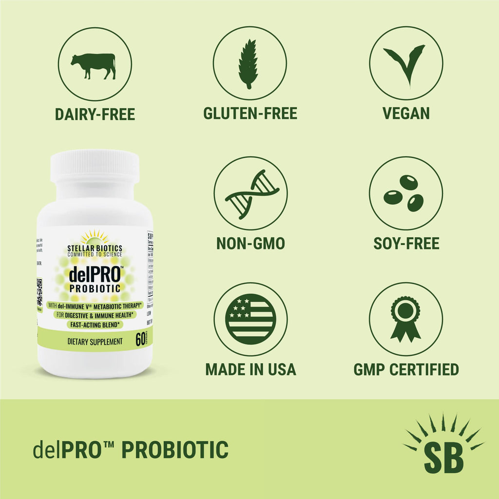 Stellar Biotics - Delpro Probiotic (+ Del-Immune V & Prebiotic Blend) Promotes Optimal Gut Health, Digestion, Immune Support & Mood (60 Capsules) - FENGGESTORE20