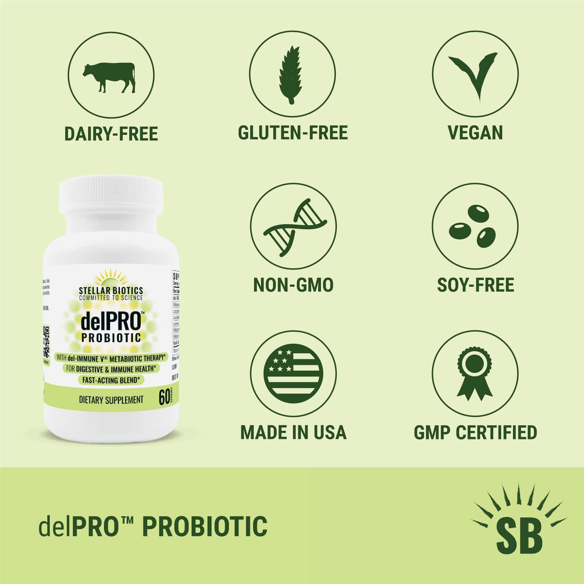 Stellar Biotics - Delpro Probiotic (+ Del-Immune V & Prebiotic Blend) Promotes Optimal Gut Health, Digestion, Immune Support & Mood (60 Capsules) - FENGGESTORE20