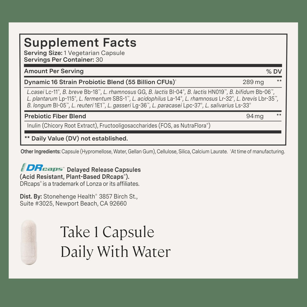 Stonehenge Health Probiotics 55 Billion CFU - 16 Strains, Prebiotic, Synbiotics Dynamic Biotics - Lactobacillus Acidophilus, Delayed Release - FENGGESTORE20
