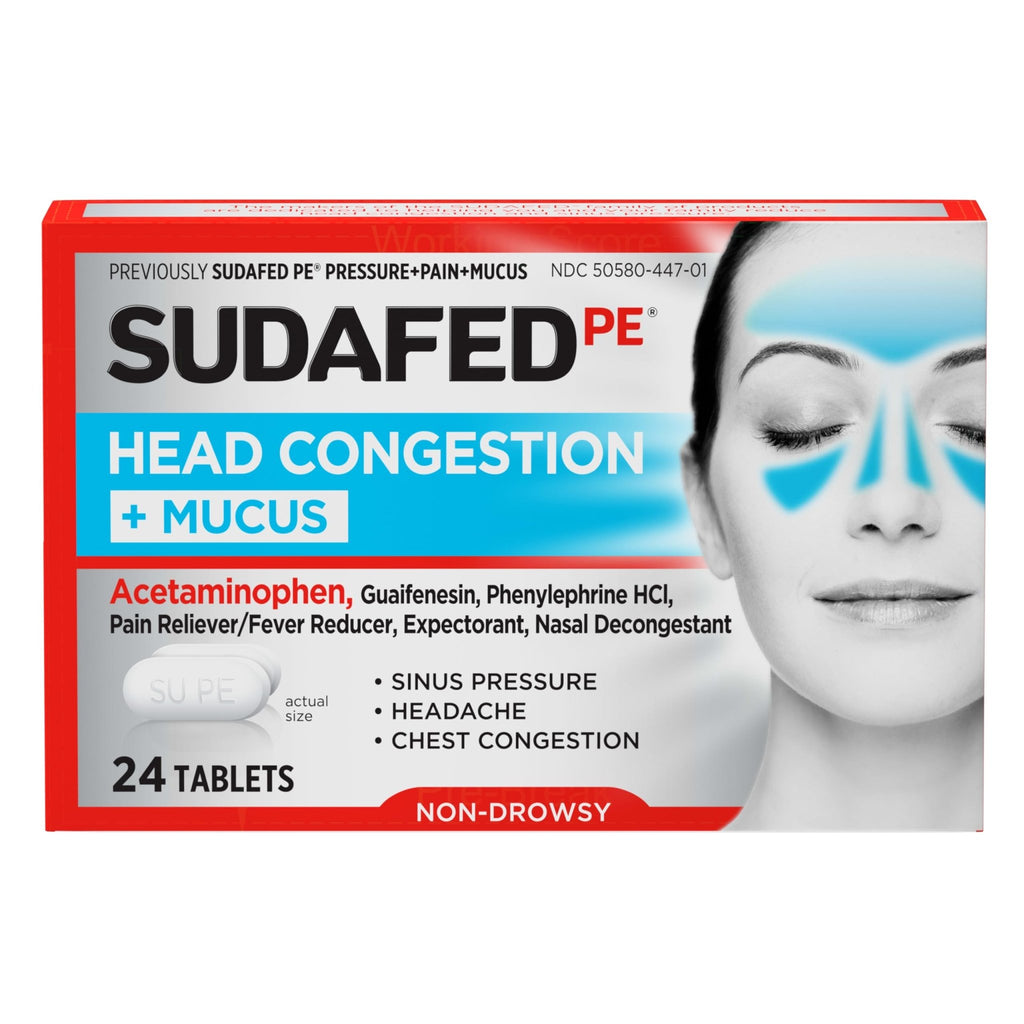 Sudafed PE Head Congestion + Mucus Relief Tablets for Sinus Pressure, Congestion, & Headache, Non-Drowsy Decongestant with Acetaminophen, Guaifenesin & Phenylephrine HCI, 24 ct - FENGGESTORE20