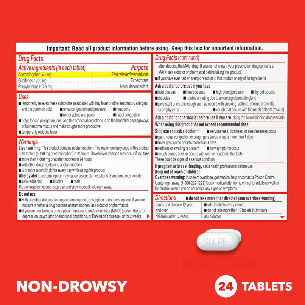 Sudafed PE Head Congestion + Mucus Relief Tablets for Sinus Pressure, Congestion, & Headache, Non-Drowsy Decongestant with Acetaminophen, Guaifenesin & Phenylephrine HCI, 24 ct - FENGGESTORE20