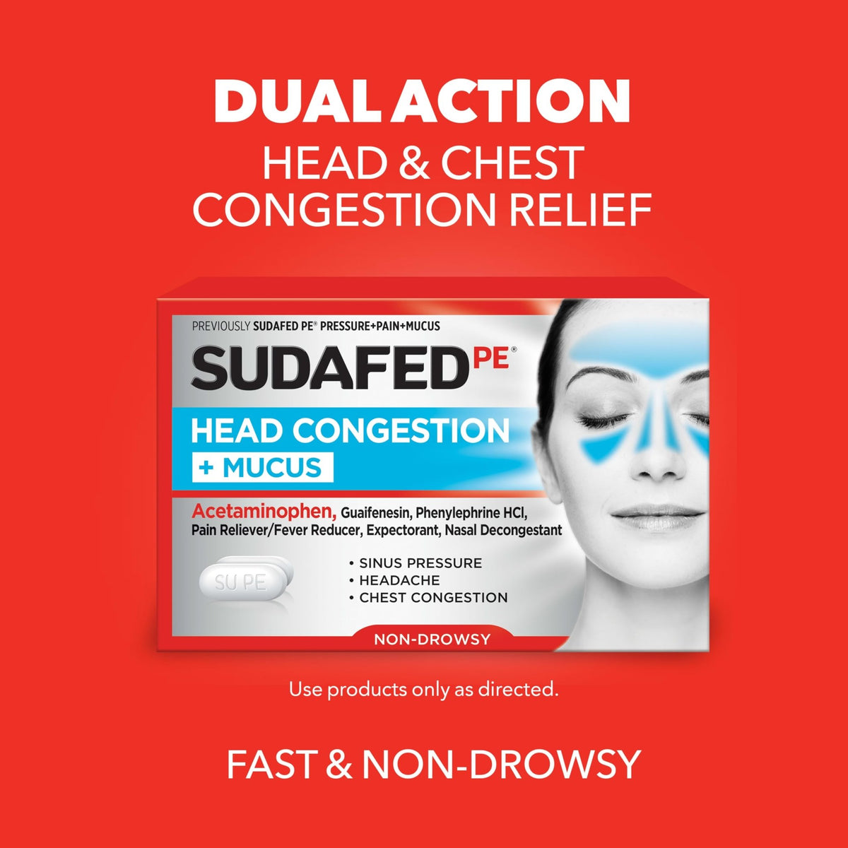 Sudafed PE Head Congestion + Mucus Relief Tablets for Sinus Pressure, Congestion, & Headache, Non-Drowsy Decongestant with Acetaminophen, Guaifenesin & Phenylephrine HCI, 24 ct - FENGGESTORE20