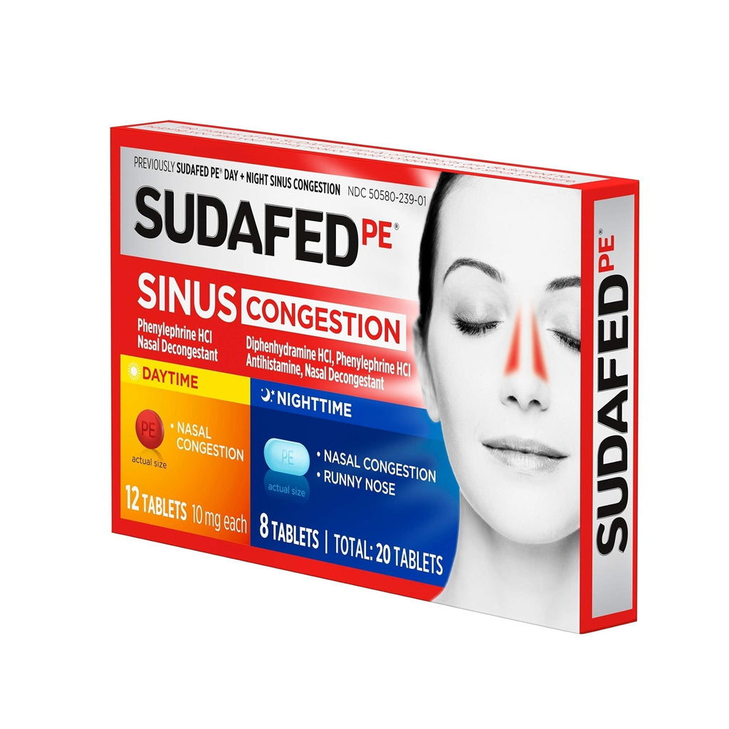 Sudafed PE Sinus Congestion Day + Night Maximum Strength Decongestant & Antihistamine Tablets with Phenylephrine HCl & Diphenhydramine HCl, Helps Nasal & Sinus Pressure & Congestion, 20 ct - FENGGESTORE20