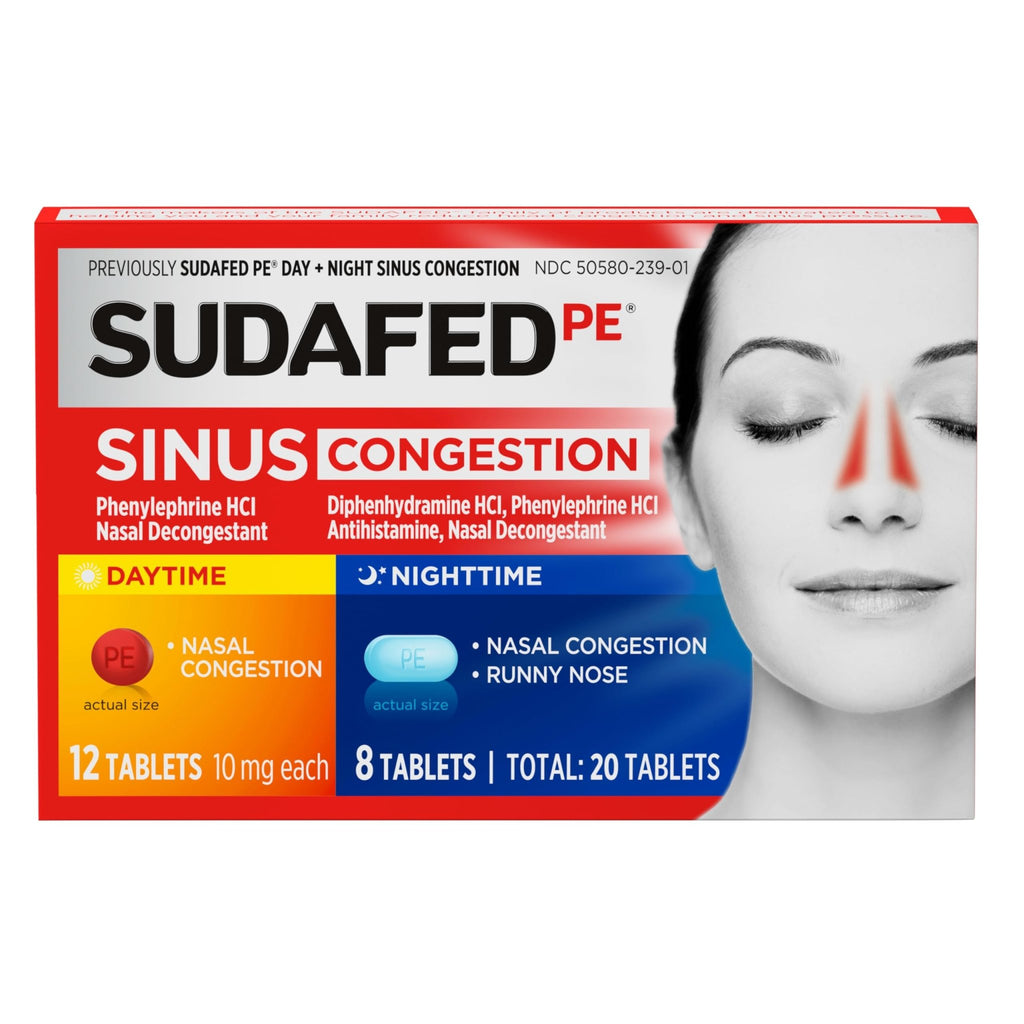 Sudafed PE Sinus Congestion Day + Night Maximum Strength Decongestant & Antihistamine Tablets with Phenylephrine HCl & Diphenhydramine HCl, Helps Nasal & Sinus Pressure & Congestion, 20 ct - FENGGESTORE20