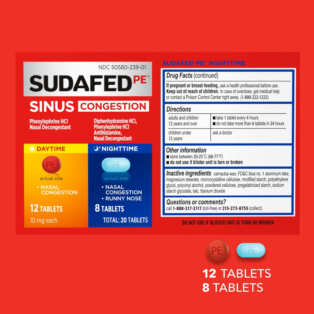 Sudafed PE Sinus Congestion Day + Night Maximum Strength Decongestant & Antihistamine Tablets with Phenylephrine HCl & Diphenhydramine HCl, Helps Nasal & Sinus Pressure & Congestion, 20 ct - FENGGESTORE20
