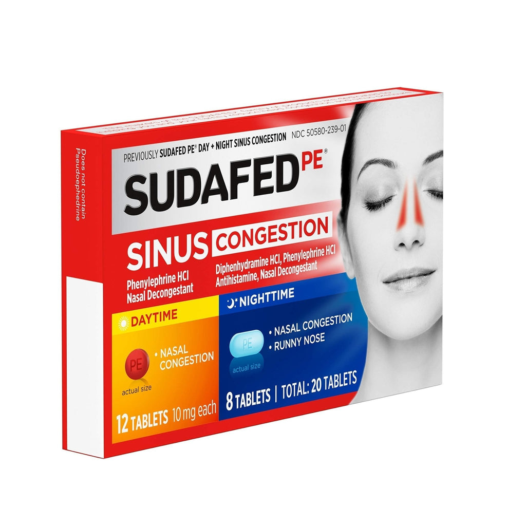 Sudafed PE Sinus Congestion Day + Night Maximum Strength Decongestant & Antihistamine Tablets with Phenylephrine HCl & Diphenhydramine HCl, Helps Nasal & Sinus Pressure & Congestion, 20 ct - FENGGESTORE20