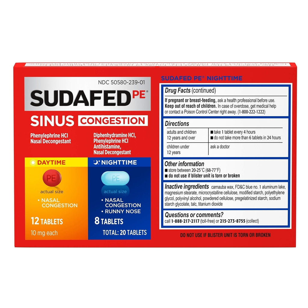 Sudafed PE Sinus Congestion Day + Night Maximum Strength Decongestant & Antihistamine Tablets with Phenylephrine HCl & Diphenhydramine HCl, Helps Nasal & Sinus Pressure & Congestion, 20 ct - FENGGESTORE20