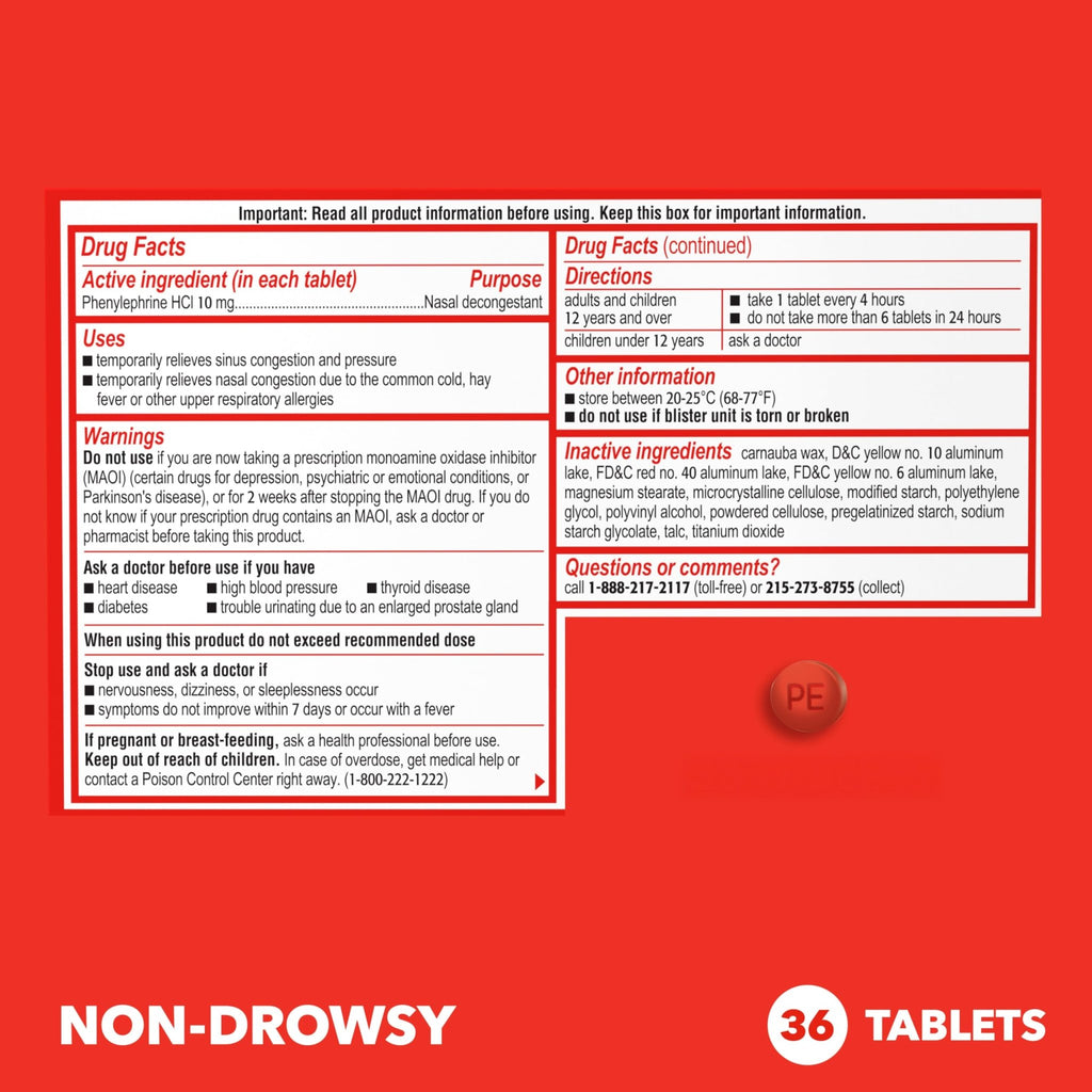 Sudafed PE Sinus Congestion Relief Tablets, Maximum Strength, Non-Drowsy 10 mg Phenylephrine HCI Decongestant for Sinus Pressure & Nasal Congestion Relief, Due to Cold or Allergies, 36 ct - FENGGESTORE20