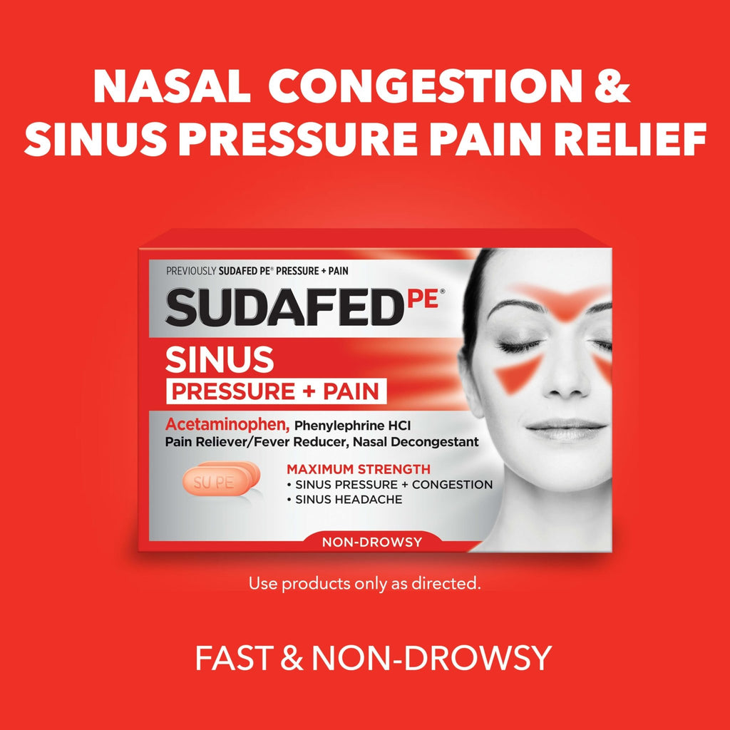 Sudafed PE Sinus Pressure + Pain Relief Tablets, Maximum Strength, Non-Drowsy, OTC Sinus Relief Medicine with Acetaminophen Pain Reliever & Phenylephrine HCl Nasal Decongestant, 24 ct - FENGGESTORE20