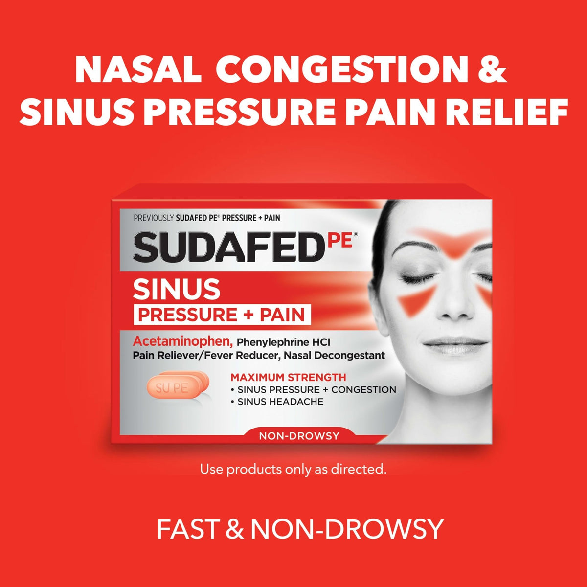Sudafed PE Sinus Pressure + Pain Relief Tablets, Maximum Strength, Non-Drowsy, OTC Sinus Relief Medicine with Acetaminophen Pain Reliever & Phenylephrine HCl Nasal Decongestant, 24 ct - FENGGESTORE20