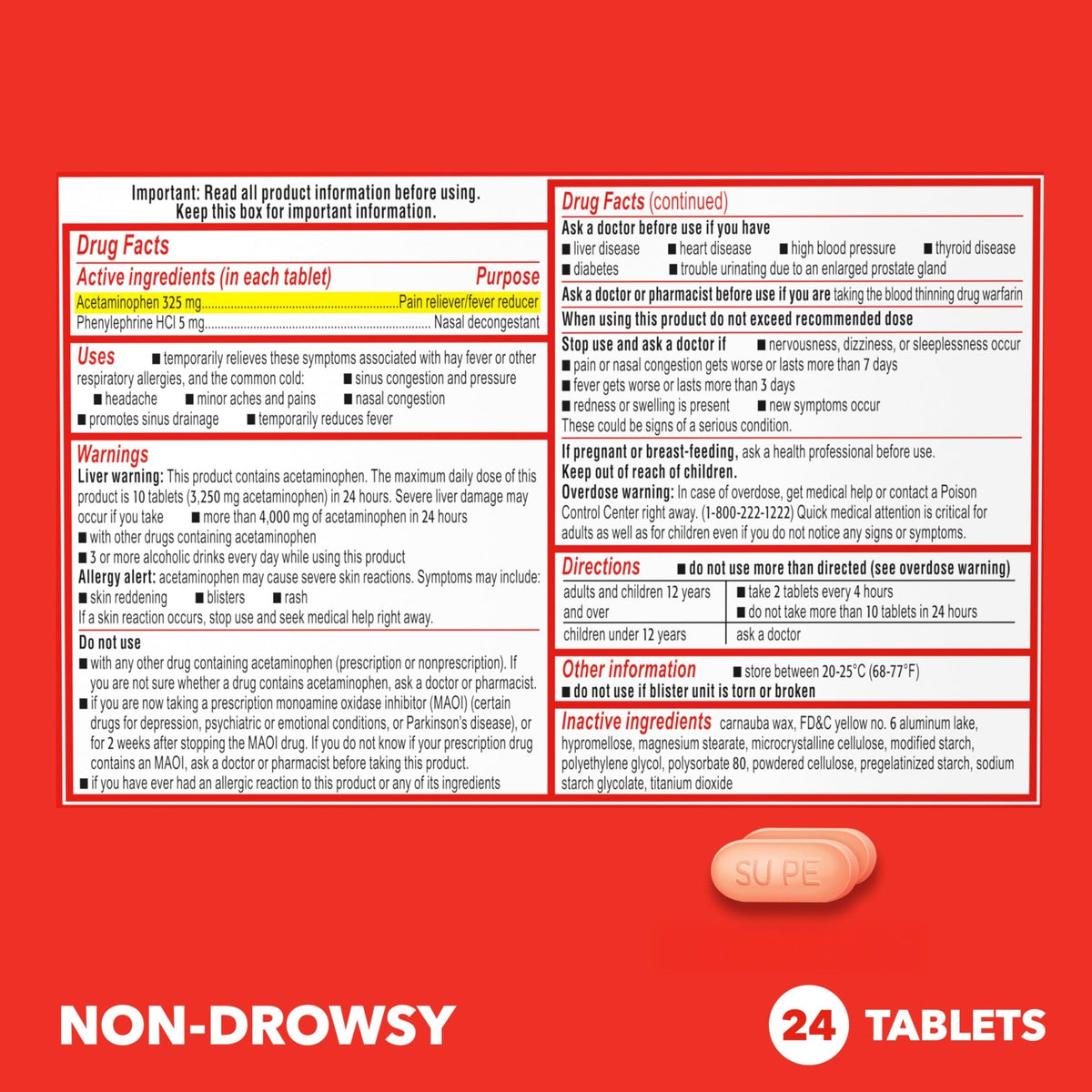 Sudafed PE Sinus Pressure + Pain Relief Tablets, Maximum Strength, Non-Drowsy, OTC Sinus Relief Medicine with Acetaminophen Pain Reliever & Phenylephrine HCl Nasal Decongestant, 24 ct - FENGGESTORE20