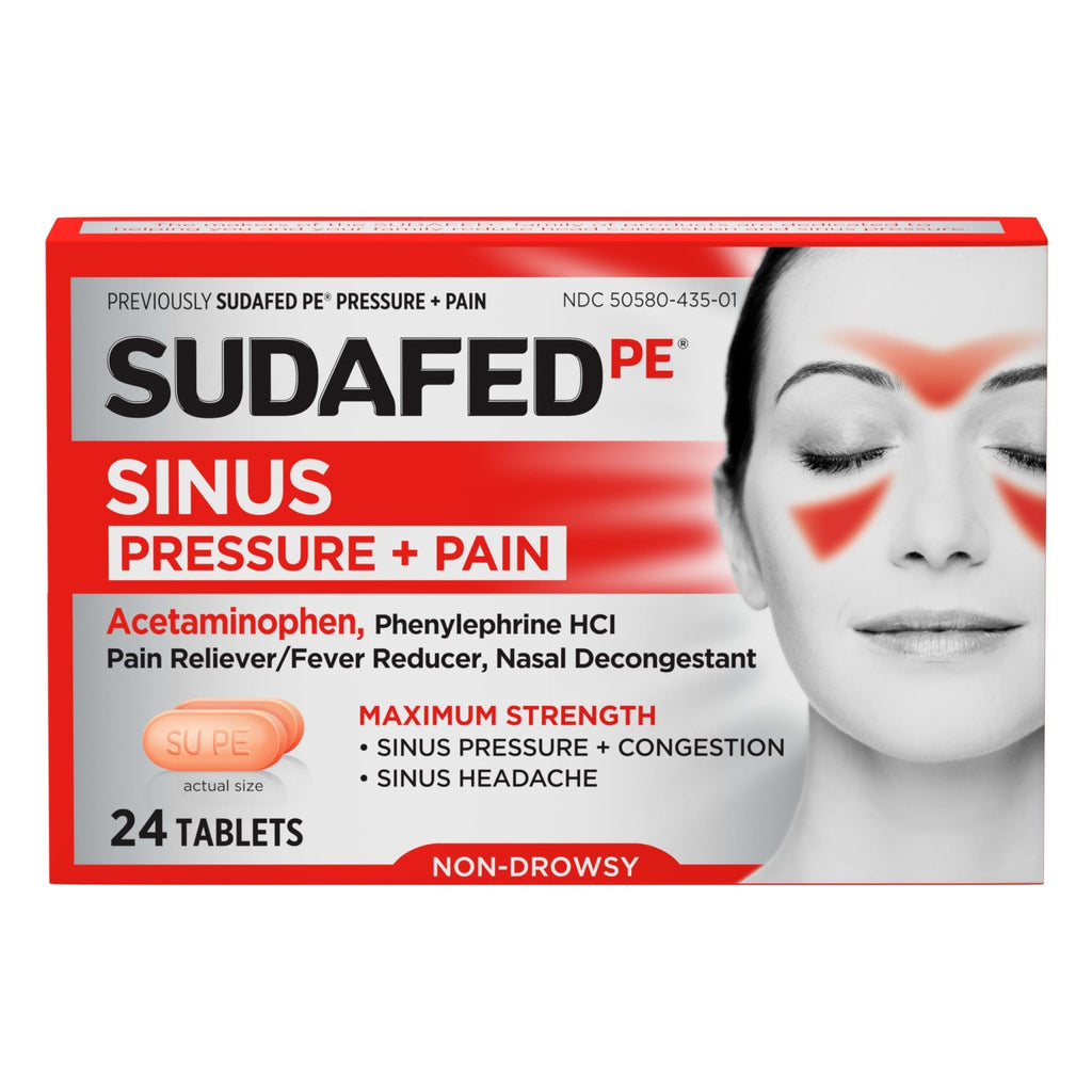 Sudafed PE Sinus Pressure + Pain Relief Tablets, Maximum Strength, Non-Drowsy, OTC Sinus Relief Medicine with Acetaminophen Pain Reliever & Phenylephrine HCl Nasal Decongestant, 24 ct - FENGGESTORE20