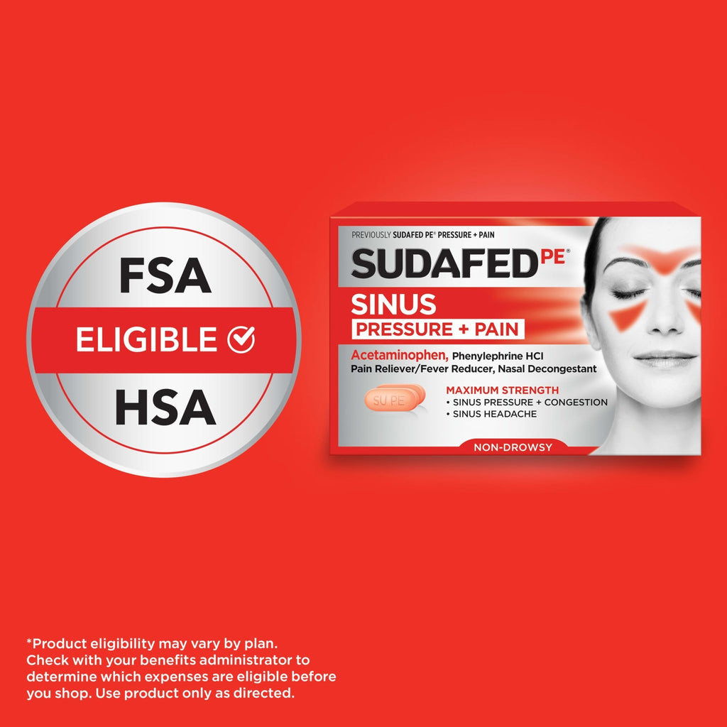 Sudafed PE Sinus Pressure + Pain Relief Tablets, Maximum Strength, Non-Drowsy, OTC Sinus Relief Medicine with Acetaminophen Pain Reliever & Phenylephrine HCl Nasal Decongestant, 24 ct - FENGGESTORE20