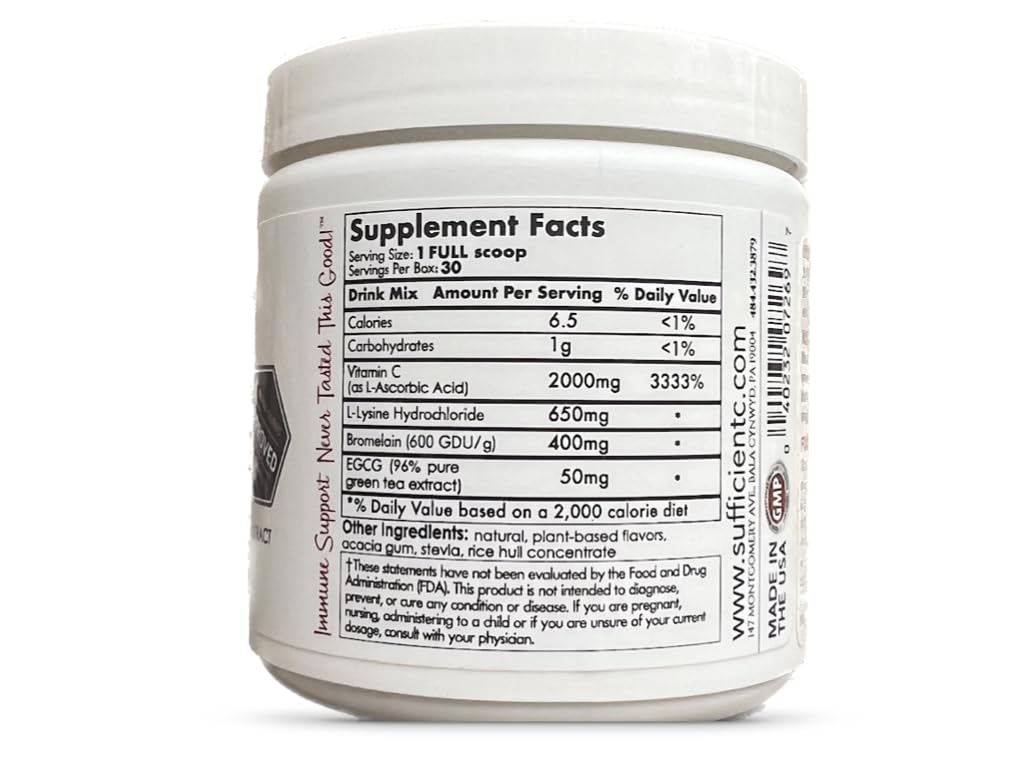 Sufficient-C High Dose Non-GMO Vitamin C Lemon Peach Immune-Ade Drink Mix, Convenient 125 Gram Size w/L-lysine, Bromelain & a Premium 96% Pure Green Tea Extract - FENGGESTORE20