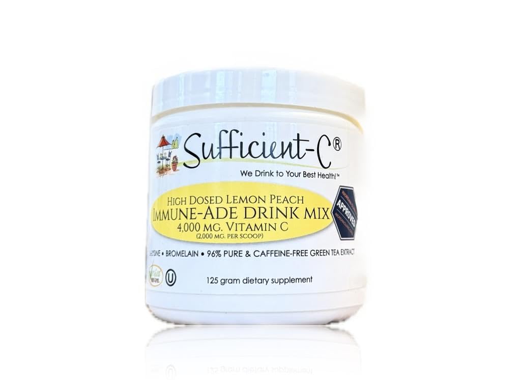Sufficient-C High Dose Non-GMO Vitamin C Lemon Peach Immune-Ade Drink Mix, Convenient 125 Gram Size w/L-lysine, Bromelain & a Premium 96% Pure Green Tea Extract - FENGGESTORE20