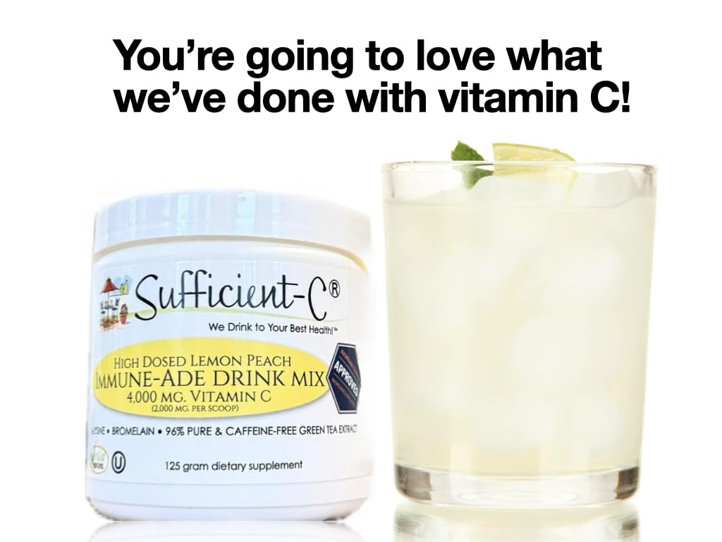 Sufficient-C High Dose Non-GMO Vitamin C Lemon Peach Immune-Ade Drink Mix, Convenient 125 Gram Size w/L-lysine, Bromelain & a Premium 96% Pure Green Tea Extract - FENGGESTORE20
