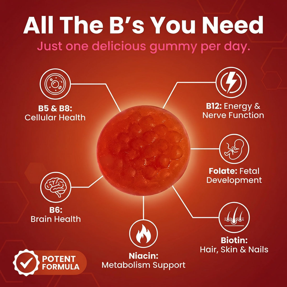 Sugar Free Vitamin B Complex Gummies - Vitamin B12, B7, B6, B3 (Niacin), B5, B8, B9 (Folate)- Third Party Tested- Prenatal, Vegan Diet, Older Adults - FENGGESTORE20