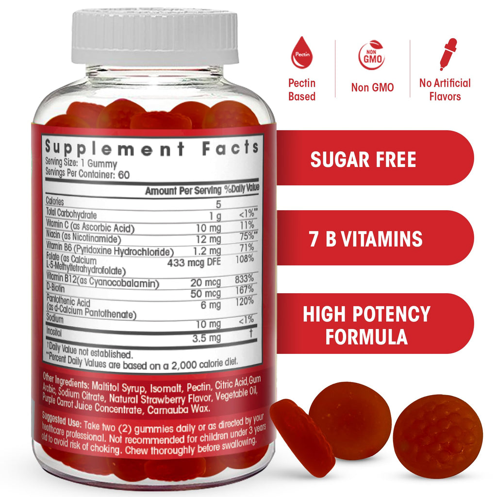 Sugar Free Vitamin B Complex Gummies - Vitamin B12, B7, B6, B3 (Niacin), B5, B8, B9 (Folate)- Third Party Tested- Prenatal, Vegan Diet, Older Adults - FENGGESTORE20